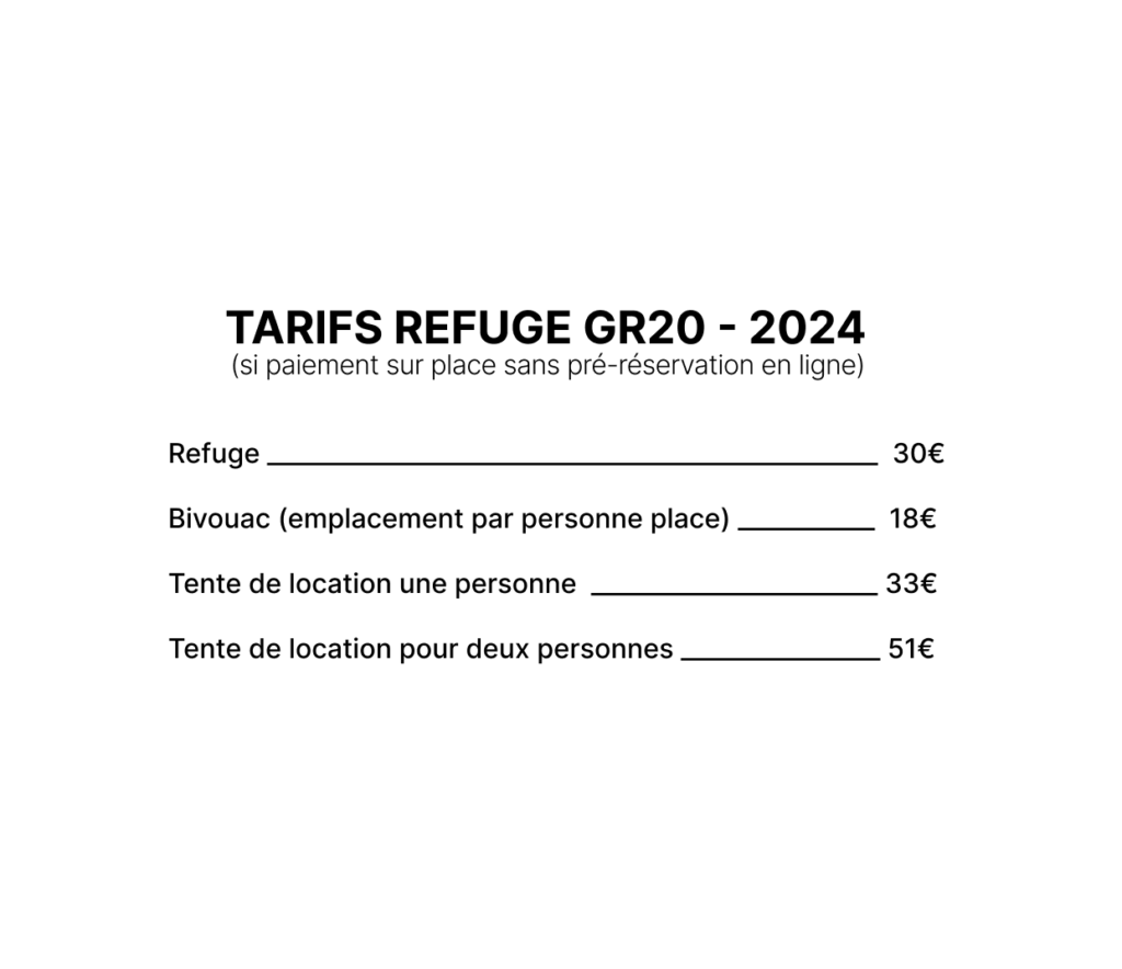 TARIFS REFUGES GR20 2024